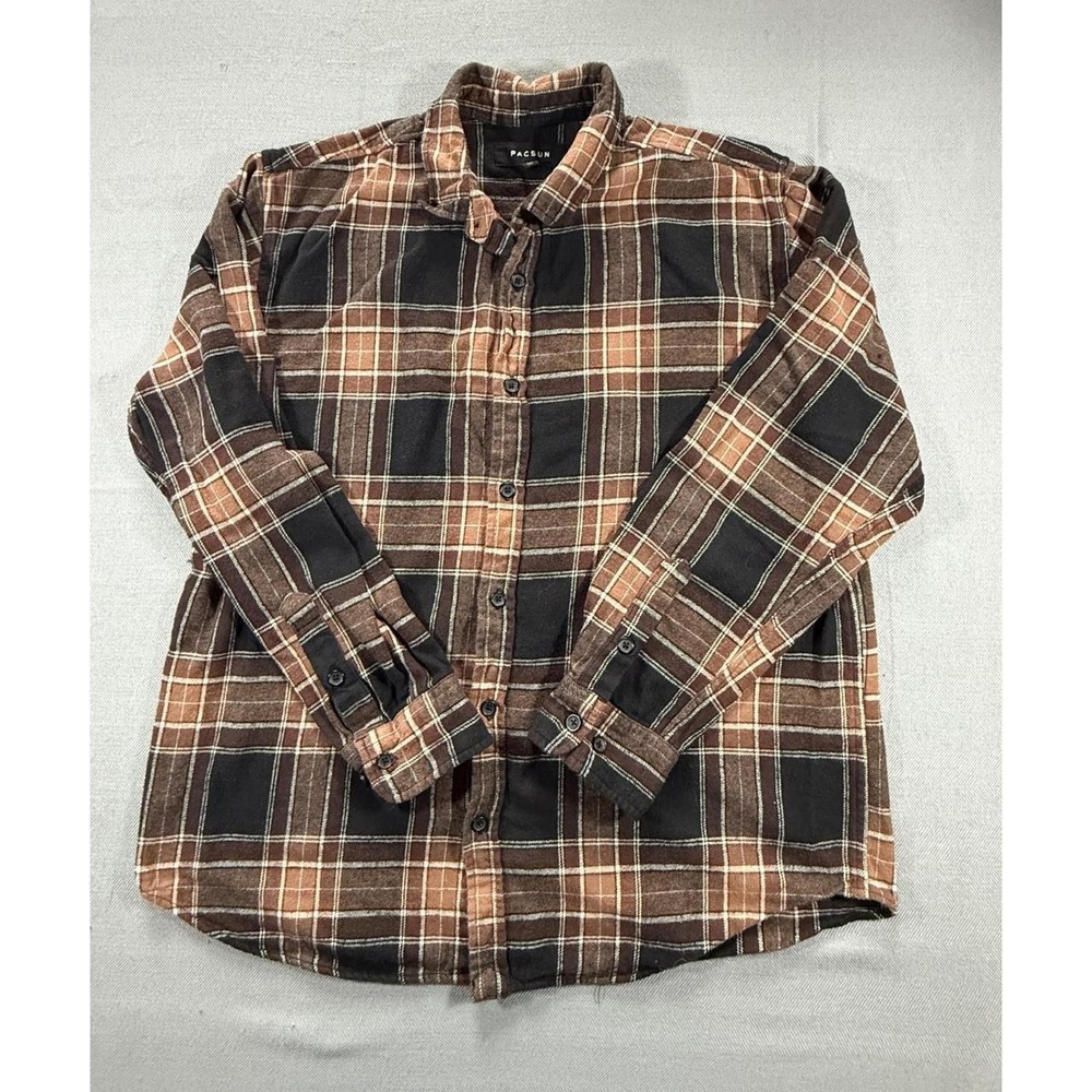 PacSun Mens Large Brown Black Plaid Flannel Button Down Long Sleeve Shirt